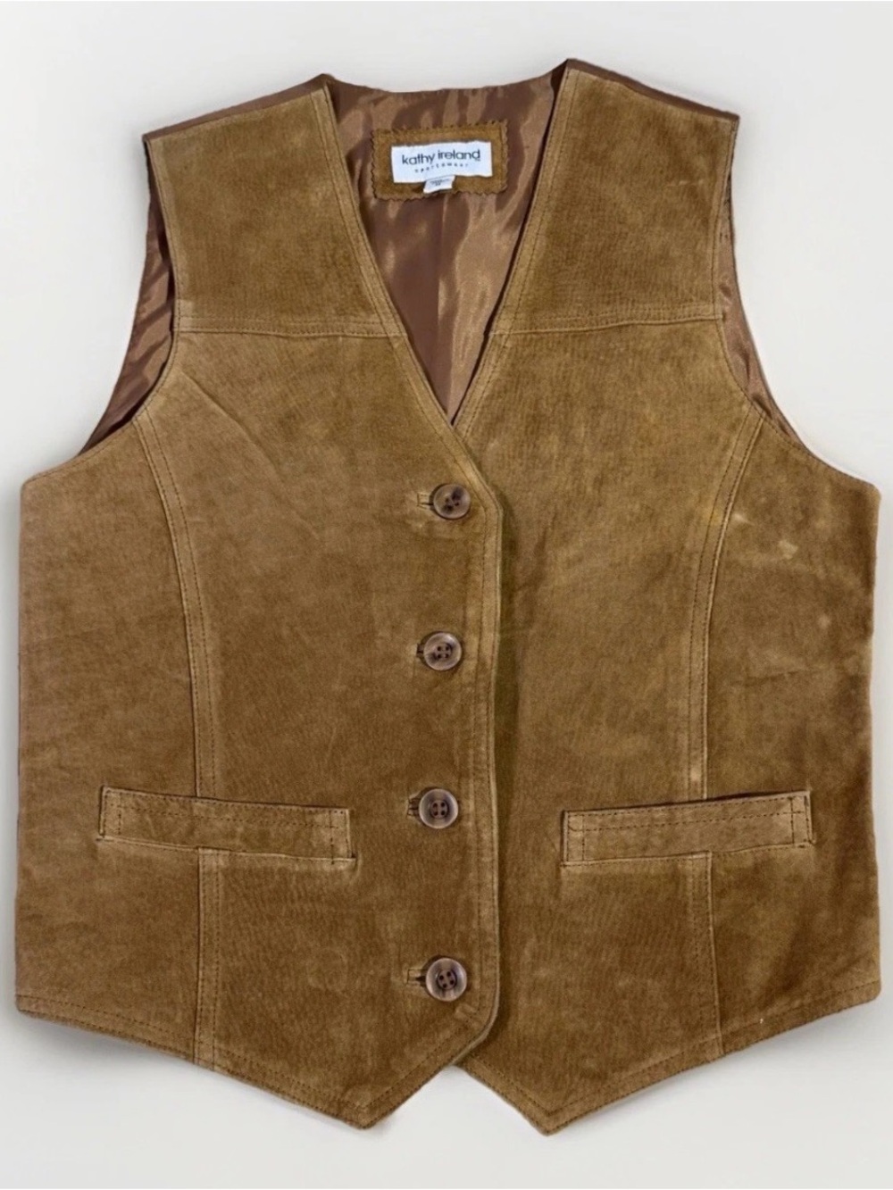 Vintage 90s Kathy Ireland Suede Leather Button Vest Brown Women’s Size M